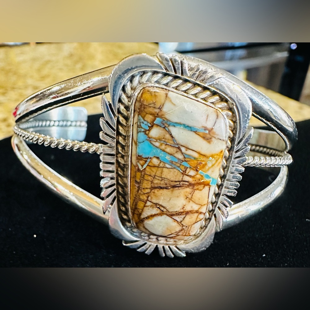 Rare R. Bennett Navajo stamp STERLING Cuff BOHO Bracelet with Boulder Turquoise